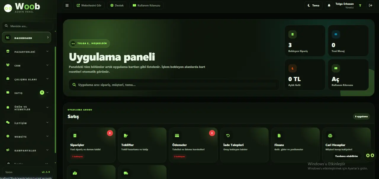 Woob admin panel koyu tema dashboard