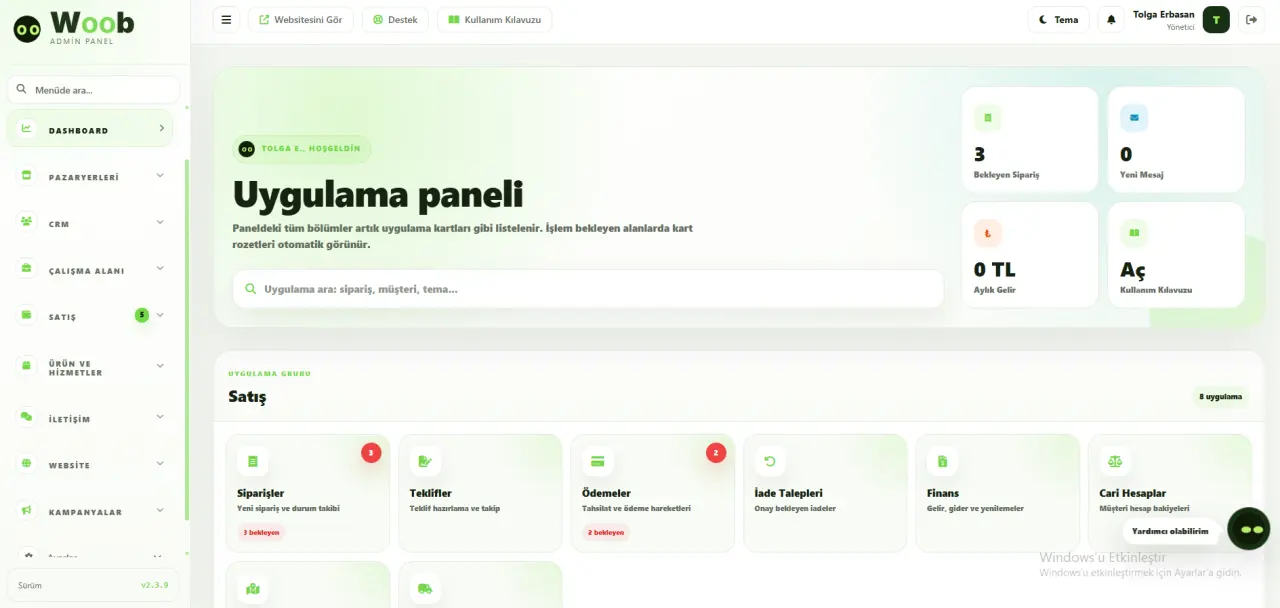 Woob admin panel açık tema dashboard